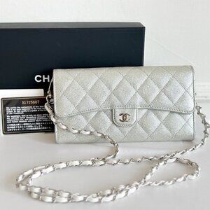 Rare Chanel Classic Flap Wallet in Silver Glitter Caviar